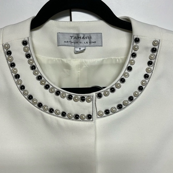 Tahari 2 Piece Suit Winter White pearl embellished blazer , Black skirt - Picture 5 of 10